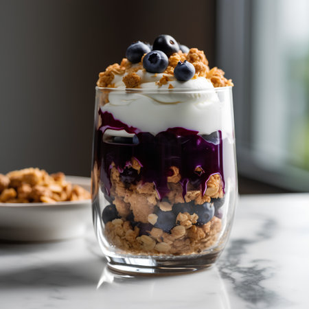 Blueberry Yogurt Parfait with Granola in a Glassの素材