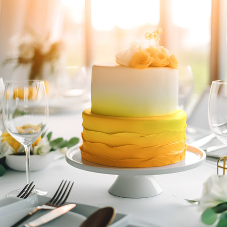 Wedding cake with yellow roses on a white plate. Wedding concept.の素材