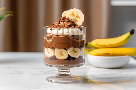 Chocolate mousse with banana slices and chocolate chips in a glassの素材