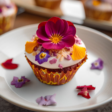 Cupcakes decorated with edible flowers on a white plate close upの素材