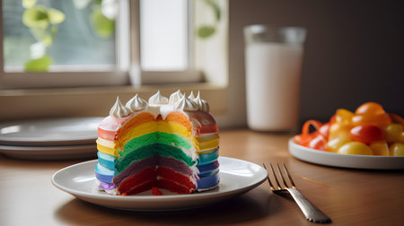 Rainbow cake on a plate with fork and knife on the tableの素材