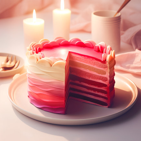 Valentine's Day cake with candles on a white background.の素材