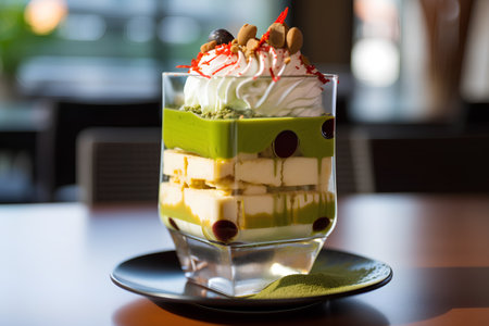 Green tea cake in a glass with whipped cream and fruit on topの素材