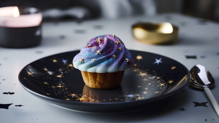 Cupcake decorated with stars and confetti on a black plateの素材