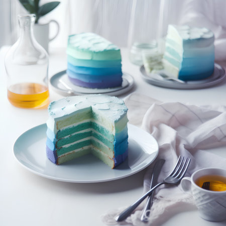 Strawberry and blue crepe cake on white background, selective focusの素材