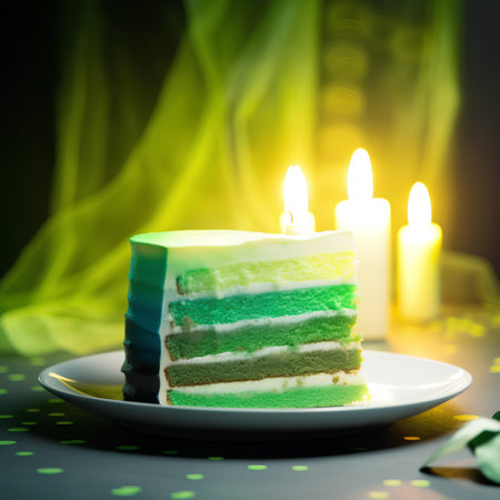 birthday cake on a plate with candles on a green background.の素材