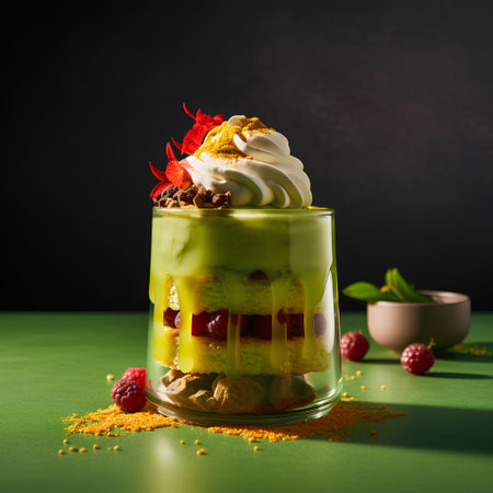 Green tea tiramisu dessert in a glass on a dark backgroundの素材