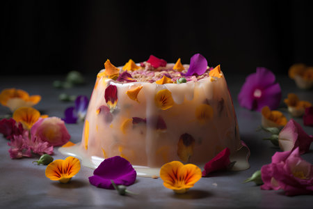 Panna cotta with edible flowers on a dark background. Selective focus.の素材