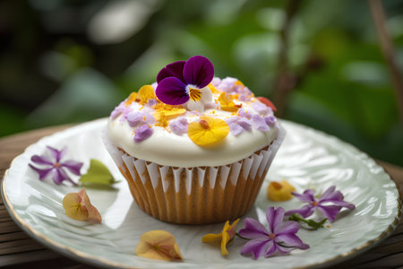 Cupcake with butter cream and pansy flowers on a plateの素材