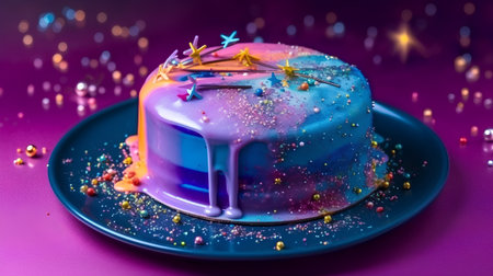 Colorful birthday cake with sprinkles on a blue plate on a purple backgroundの素材
