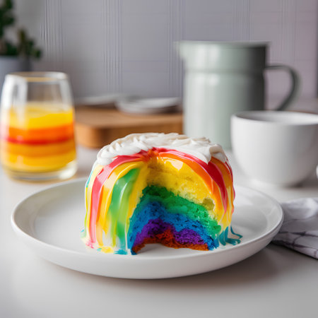 Rainbow cake on a white plate with a cup of coffee.の素材