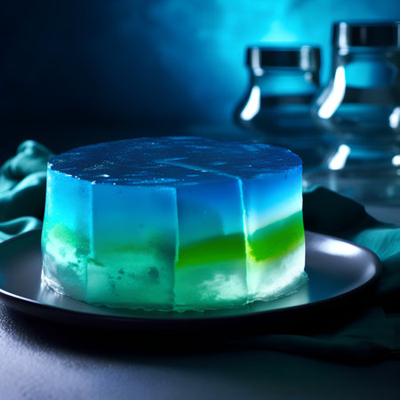 Panna cotta dessert with blue and green jelly on black plateの素材