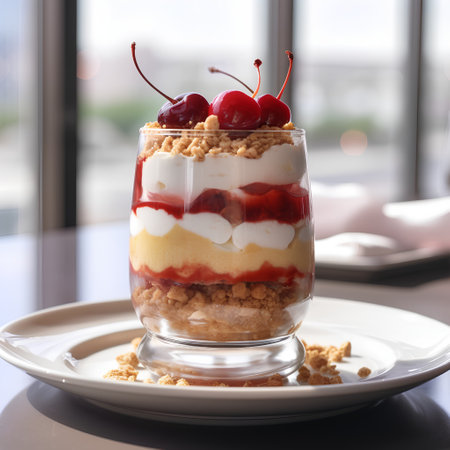 Delicious tiramisu dessert in a glass on a table.の素材