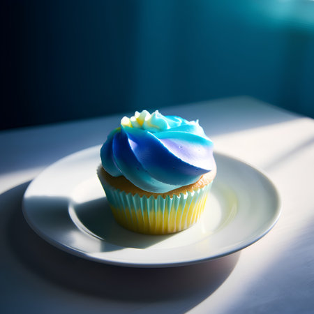 Cupcake with blue cream on a white plate. Selective focus.の素材