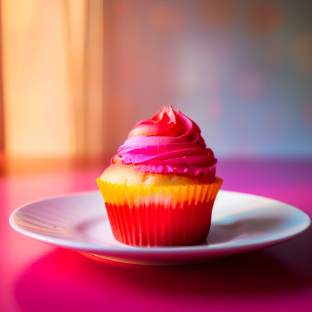 Cupcake with pink cream on a white plate on a pink backgroundの素材