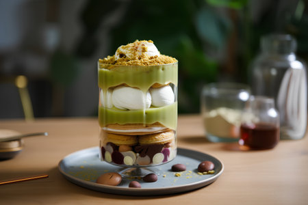 Green tea tiramisu in a glass on a wooden table.の素材