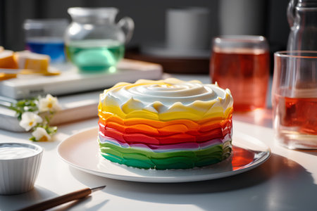 Rainbow cake on a white plate on a table in the kitchenの素材