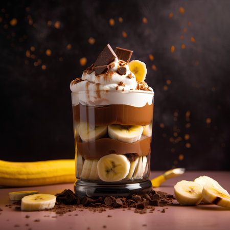 Chocolate dessert with banana and whipped cream in a glass on a dark backgroundの素材