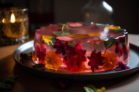 Homemade cake decorated with nasturtium flowers. Selective focus.の素材