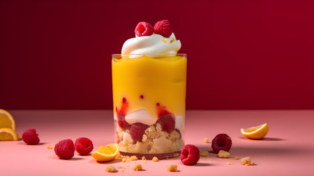Delicious dessert with mango and raspberries in a glass on a pink backgroundの素材