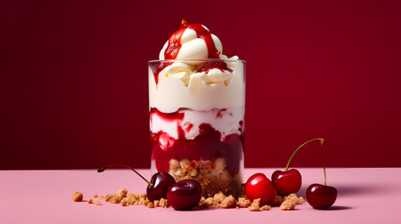 Delicious cherry dessert with whipped cream in a glass on a pink backgroundの素材