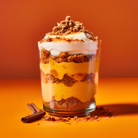 Classic tiramisu dessert in a glass on a orange background.の素材
