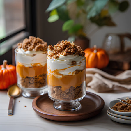 Pumpkin parfait with whipped cream and granola in a glassの素材