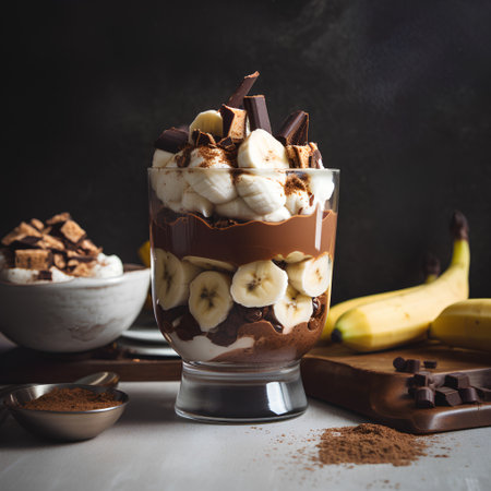 Chocolate mousse with banana and chocolate chips in a glass on a dark backgroundの素材