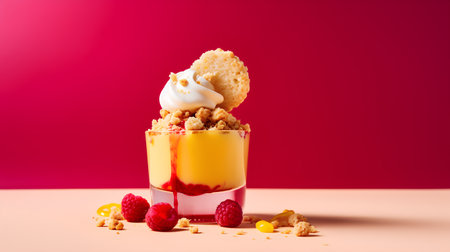 Delicious dessert with yogurt, raspberries and granola in glass on pink backgroundの素材