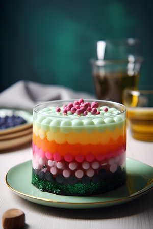 Colorful jelly cake on a green plate on a wooden table.の素材