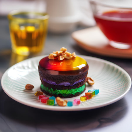 Piece of rainbow cake decorated with nuts and a cup of teaの素材