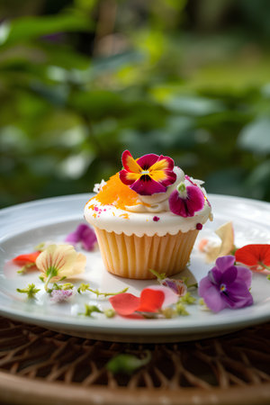 Cupcake decorated with colorful pansy flowers on a white plateの素材