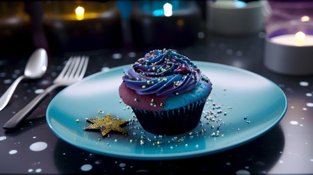 Blue cupcake on a blue plate with candles on a black backgroundの素材