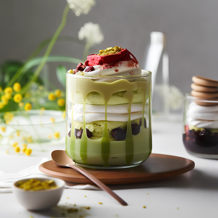 Green tea tiramisu dessert in a glass on a gray backgroundの素材