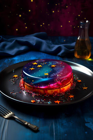 Cheesecake with stars on a black plate on a blue backgroundの素材