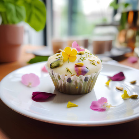 Cupcake decorated with flowers on a white plate in a cafeの素材