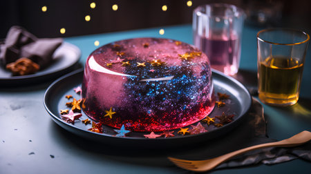 Colorful Christmas pudding on a black plate on a dark background.の素材