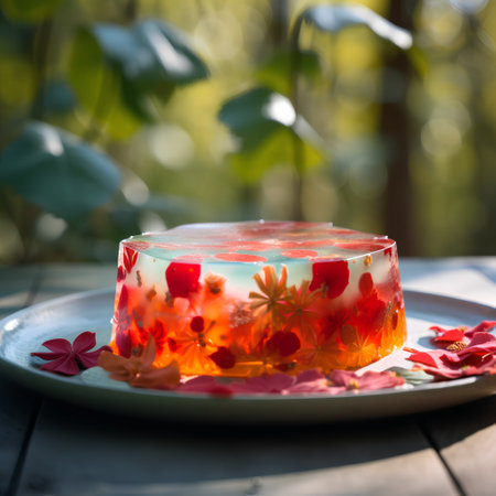 Homemade jelly with red flowers on a plate. Selective focus.の素材