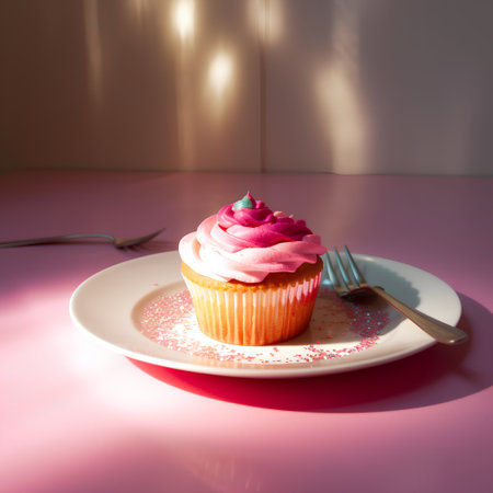 Cupcake with pink cream on a white plate with a spoon on a pink backgroundの素材