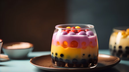 Colorful jelly pudding in glass on blue background. Selective focus.の素材