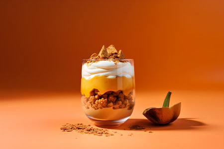 Greek yogurt parfait with granola in glass on orange backgroundの素材