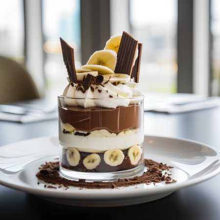 Tiramisu with banana and chocolate in a glass on the tableの素材
