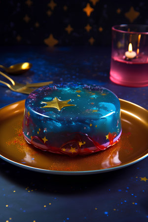 Christmas pudding with star on a plate with candles on a dark backgroundの素材