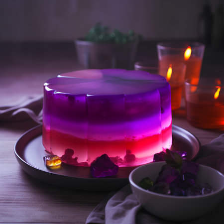 Colorful jelly with candles on a wooden background. Selective focus.の素材