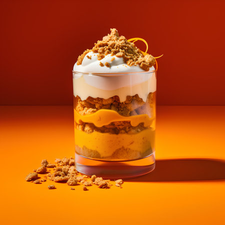 Delicious dessert with yogurt and granola in glass on orange backgroundの素材