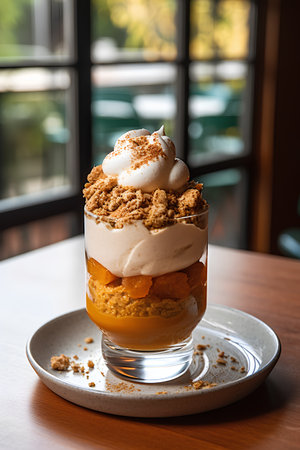 Dessert tiramisu in a glass with whipped cream and apricotsの素材