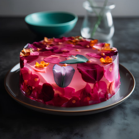 Homemade cake decorated with flowers on a dark background, selective focus.の素材