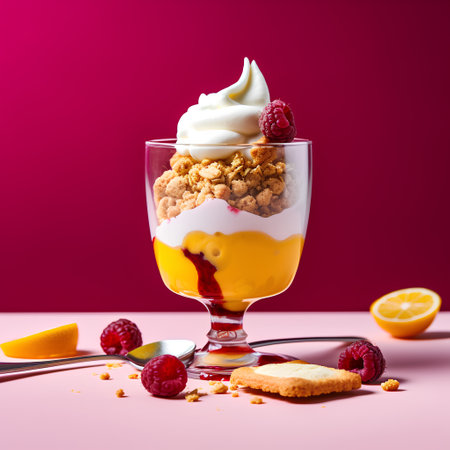 Dessert with yogurt and granola in a glass on a pink backgroundの素材