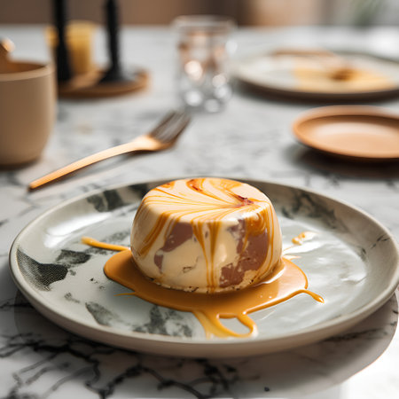 Panna cotta with caramel sauce on a white marble table.の素材