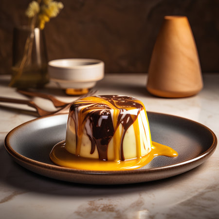 Creamy caramel panna cotta with chocolate sauce on a plateの素材